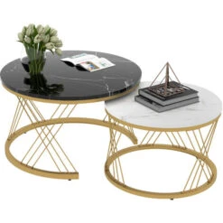 Lot De 2 Tables Basses Gigogne Rondes Moderne 70x45 Cm - Motif Marbre, Cadre Doré, Table Basse Moderne Style Luxe Léger - Noir + Blanc -VIDAXL || Songmics Soldes 88268272 3