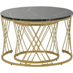 Lot De 2 Tables Basses Gigogne Rondes Moderne 70x45 Cm - Motif Marbre, Cadre Doré, Table Basse Moderne Style Luxe Léger - Noir + Blanc -VIDAXL || Songmics Soldes 88268272 4