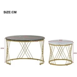 Lot De 2 Tables Basses Gigogne Rondes Moderne 70x45 Cm - Motif Marbre, Cadre Doré, Table Basse Moderne Style Luxe Léger - Noir + Blanc -VIDAXL || Songmics Soldes 88268272 5