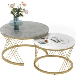 Lot De 2 Tables Basses Gigogne Rondes Moderne 70x45 Cm - Motif Marbre, Cadre Doré, Table Basse Moderne Style Luxe Léger - Gris + Blanc -VIDAXL || Songmics Soldes 88268296 3