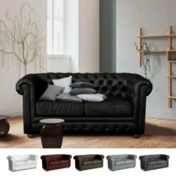 Canapé 2 Places En Similicuir Capitonné Design Chesterfield Couleur: Noir