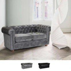 Canapé 2 Places En Tissu Velouté Capitonné Design Chesterfield Couleur: Gris