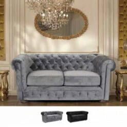 Canapé 2 Places En Tissu Velouté Capitonné Design Chesterfield Couleur: Gris -VIDAXL || Songmics Soldes 9032785 3