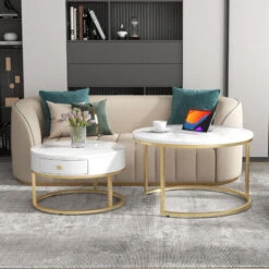 Lot De 2 Tables Basses Gigognes Moderne, Plateau Marbre Blanc, Haute Brillance, Tables Basses Rondes, Cadre En Métal Doré,70x70x45cm -VIDAXL || Songmics Soldes 90756104 2