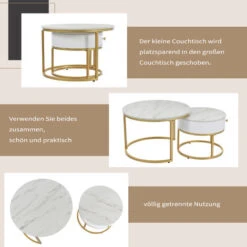 Lot De 2 Tables Basses Gigognes Moderne, Plateau Marbre Blanc, Haute Brillance, Tables Basses Rondes, Cadre En Métal Doré,70x70x45cm -VIDAXL || Songmics Soldes 90756104 3