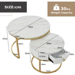 Lot De 2 Tables Basses Gigognes Moderne, Plateau Marbre Blanc, Haute Brillance, Tables Basses Rondes, Cadre En Métal Doré,70x70x45cm -VIDAXL || Songmics Soldes 90756104 5