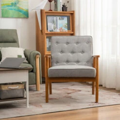 Siège Unique A Dossier Point De Traction Accoudoir En Bois Massif Tissu Style Rétro Chaise De Loisirs D'intérieur Gris -VIDAXL || Songmics Soldes 92693248 2