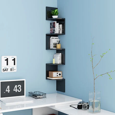 Étagères De Coin Murales,Étagère D'angle 5 Niveaux, Bibliothèque, Basic Storage Shelf, Bureau, Entrée, Chambre, Salon, Noir 4 Étagères De Coin Murales,Étagère D'angle 5 Niveaux, Bibliothèque, Basic Storage Shelf, Bureau, Entrée, Chambre, Salon, Noir – Image 2