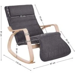 Songmics Fauteuil à Bascule, Fauteuil Berçant En Bois, Avec Repose-pied Réglable 5 Niveaux, Housse Amovible Lavable, Charge Max 150 Kg, Dimensions 67 X 125 X 91 Cm, Gris Foncé -VIDAXL || Songmics Soldes 94331445 5