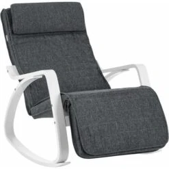 Songmics Fauteuil à Bascule En Bois De Bouleau, Chaise Berçante, Avec Repose-Pieds Réglable En 5 Angles, Imitation Lin, Capacité De Charge 150 Kg, Salon, Gris Foncé