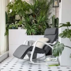Songmics Fauteuil à Bascule En Bois De Bouleau, Chaise Berçante, Avec Repose-Pieds Réglable En 5 Angles, Imitation Lin, Capacité De Charge 150 Kg, Salon, Gris Foncé -VIDAXL || Songmics Soldes 94331448 3