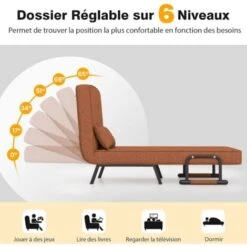 COSTWAY Fauteuil Convertible à Lit 1 Place, Fauteuil De Salon 4-en-1, Dossier Réglable En 6 Positions Avec Oreiller Marron -VIDAXL || Songmics Soldes 95381205 3