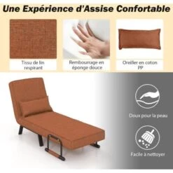 COSTWAY Fauteuil Convertible à Lit 1 Place, Fauteuil De Salon 4-en-1, Dossier Réglable En 6 Positions Avec Oreiller Marron -VIDAXL || Songmics Soldes 95381205 4