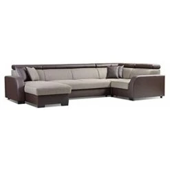 Grand Canapé D'angle Panoramique Convertibles 6/7 Places Tissu + Simili Cuir Cobby U (Marron, Canapé D'angle Gauche)