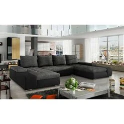 Grand Canapé D'angle XXL En U Panoramique Lit Convertible Avec Coffre 6/7 Places - En Tissu Et Simili Cuir - Salon & Séjour - LARINO (Gris Foncé + Noir (Sawana 05 + Soft 11)) -VIDAXL || Songmics Soldes 96252467 2
