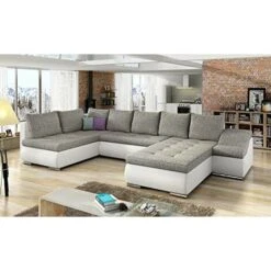 Grand Canapé D'angle XXL En U Panoramique Lit Convertible Avec Coffre 6/7 Places - En Tissu Et Simili Cuir - Salon & Séjour - JORMANI (Beige Clair+Blanc (Berlin 01+ Soft 17), Droit) -VIDAXL || Songmics Soldes 96252799 2