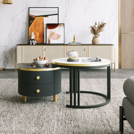 Tables Basses Gigognes Rondes Lot De 2 - Avec 2 Tiroirs, Motif Marbre, Plateau En Verre Trempé, Structure En Métal - Noir + Blanc 3 Tables Basses Gigognes Rondes Lot De 2 - Avec 2 Tiroirs, Motif Marbre, Plateau En Verre Trempé, Structure En Métal - Noir + Blanc
