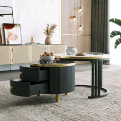 Tables Basses Gigognes Rondes Lot De 2 - Avec 2 Tiroirs, Motif Marbre, Plateau En Verre Trempé, Structure En Métal - Noir + Blanc 8 Tables Basses Gigognes Rondes Lot De 2 - Avec 2 Tiroirs, Motif Marbre, Plateau En Verre Trempé, Structure En Métal - Noir + Blanc -VIDAXL || Songmics Soldes 96514541 2