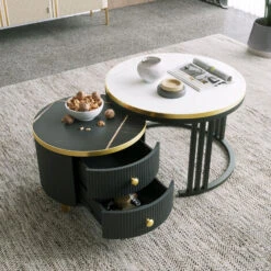 Tables Basses Gigognes Rondes Lot De 2 - Avec 2 Tiroirs, Motif Marbre, Plateau En Verre Trempé, Structure En Métal - Noir + Blanc 9 Tables Basses Gigognes Rondes Lot De 2 - Avec 2 Tiroirs, Motif Marbre, Plateau En Verre Trempé, Structure En Métal - Noir + Blanc -VIDAXL || Songmics Soldes 96514541 3