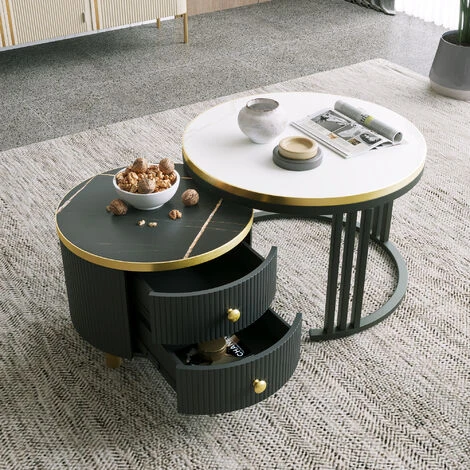 Tables Basses Gigognes Rondes Lot De 2 - Avec 2 Tiroirs, Motif Marbre, Plateau En Verre Trempé, Structure En Métal - Noir + Blanc 5 Tables Basses Gigognes Rondes Lot De 2 - Avec 2 Tiroirs, Motif Marbre, Plateau En Verre Trempé, Structure En Métal - Noir + Blanc – Image 3