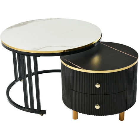 Tables Basses Gigognes Rondes Lot De 2 - Avec 2 Tiroirs, Motif Marbre, Plateau En Verre Trempé, Structure En Métal - Noir + Blanc 6 Tables Basses Gigognes Rondes Lot De 2 - Avec 2 Tiroirs, Motif Marbre, Plateau En Verre Trempé, Structure En Métal - Noir + Blanc – Image 4