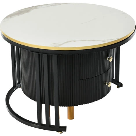 Tables Basses Gigognes Rondes Lot De 2 - Avec 2 Tiroirs, Motif Marbre, Plateau En Verre Trempé, Structure En Métal - Noir + Blanc 7 Tables Basses Gigognes Rondes Lot De 2 - Avec 2 Tiroirs, Motif Marbre, Plateau En Verre Trempé, Structure En Métal - Noir + Blanc – Image 5
