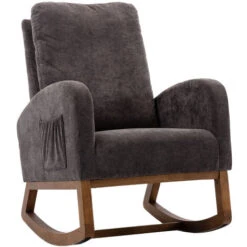 Fauteuil à Bascule Confort - Dossier Haut, Accoudoirs Rembourrés, Mousse Haute Densité, Pieds En Hévéa Massif, Lin Rocking Chair - Gris -VIDAXL || Songmics Soldes 97481876 5